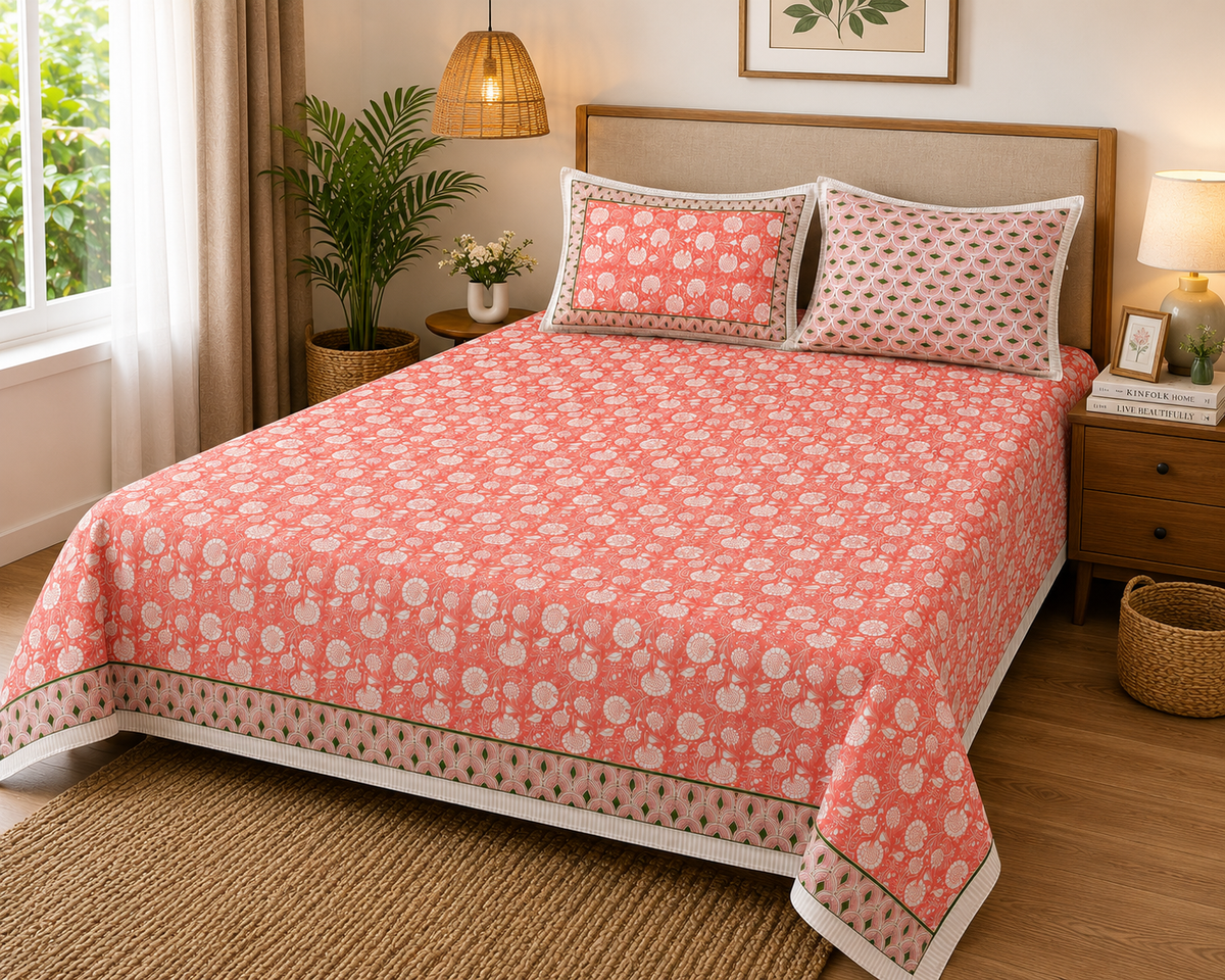 Paramphera Studio Pink Paisley Cotton King Size Bedsheet with 2 Pillow Covers | 280 TC | 100 x 108 Inches
