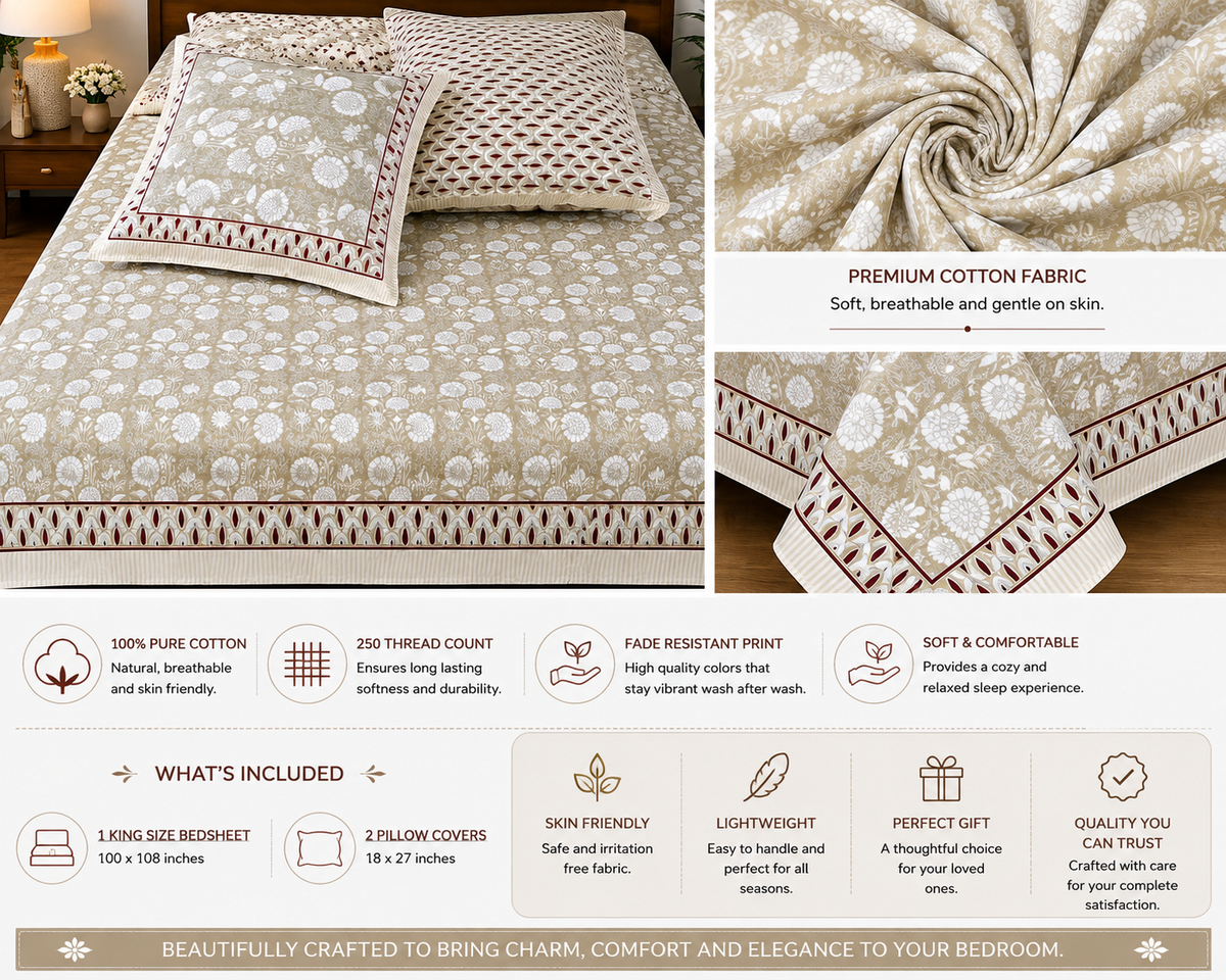 Paramphera Studio Beige Floral Cotton King Size Bedsheet with 2 Pillow Covers | 280 TC | 100 x 108 Inches