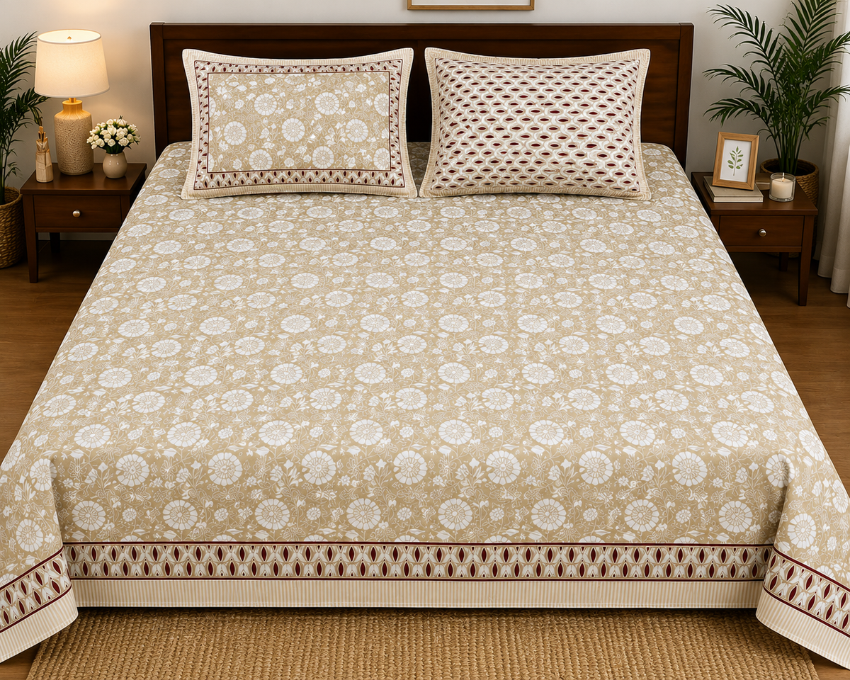 Paramphera Studio Beige Floral Cotton King Size Bedsheet with 2 Pillow Covers | 280 TC | 100 x 108 Inches