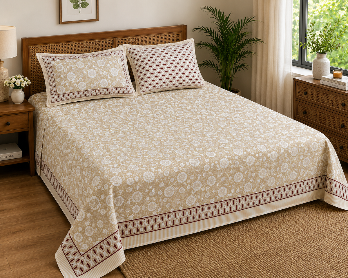 Paramphera Studio Beige Floral Cotton King Size Bedsheet with 2 Pillow Covers | 280 TC | 100 x 108 Inches