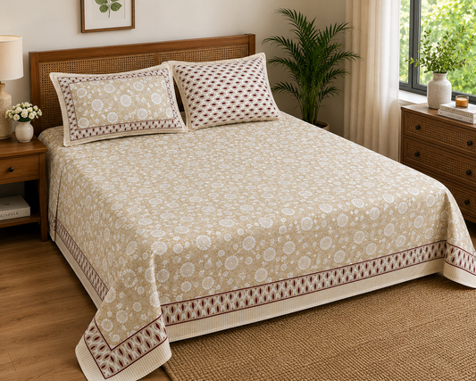Paramphera Studio Beige Floral Cotton King Size Bedsheet with 2 Pillow Covers | 280 TC | 100 x 108 Inches