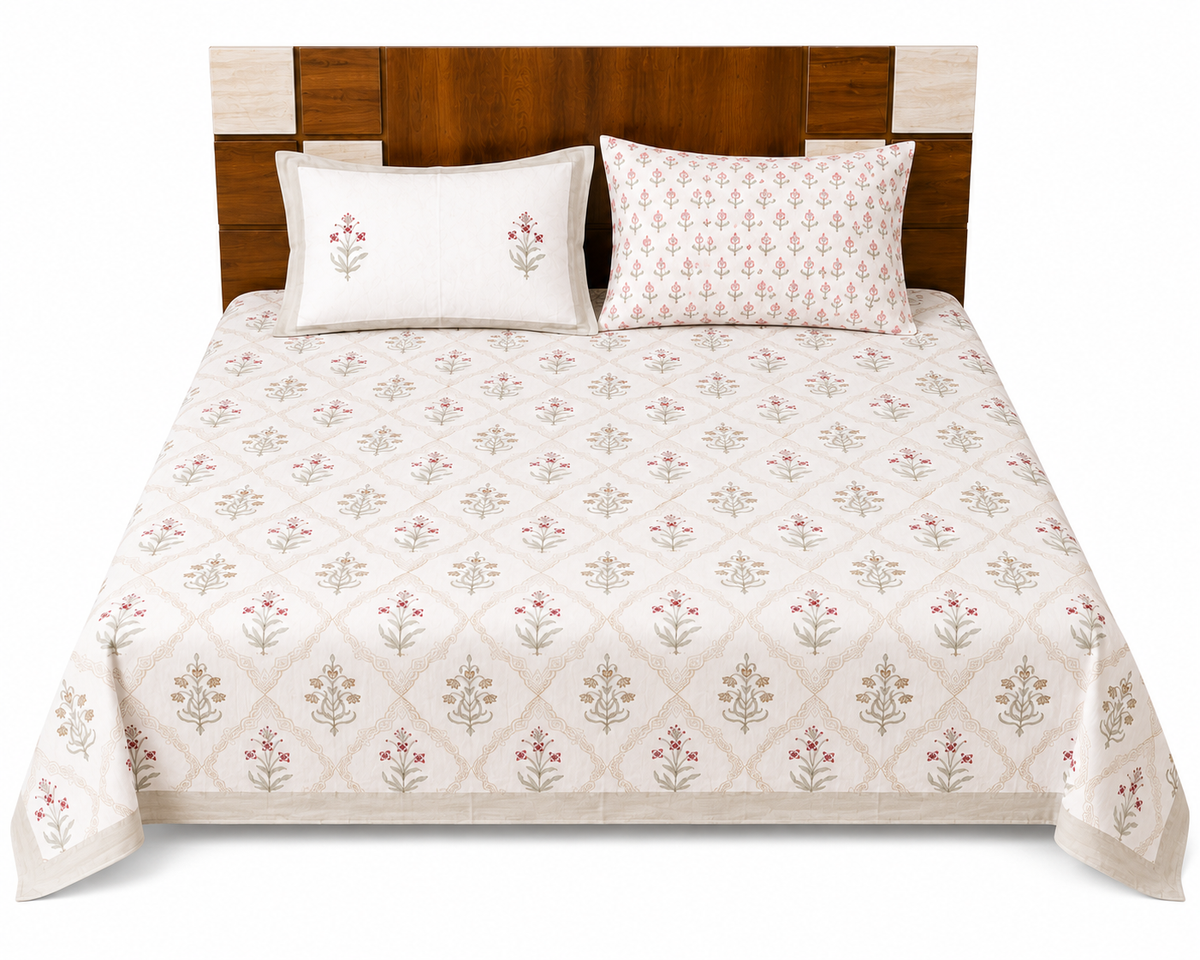 Paramphera Studio Olive Green & Orange Floral Cotton King Size Bedsheet with 2 Pillow Covers | 280 TC | 100 x 108 Inches