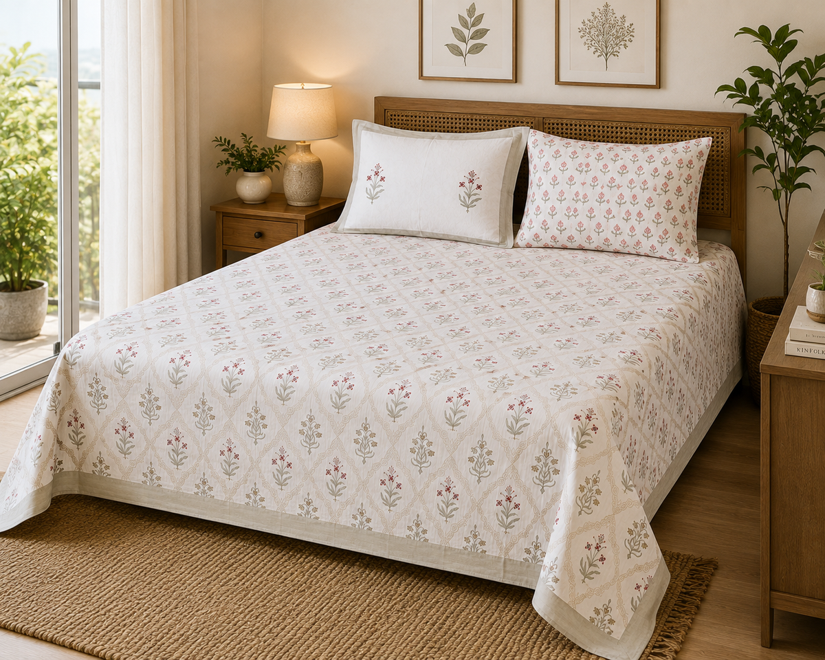 Paramphera Studio Olive Green & Orange Floral Cotton King Size Bedsheet with 2 Pillow Covers | 280 TC | 100 x 108 Inches