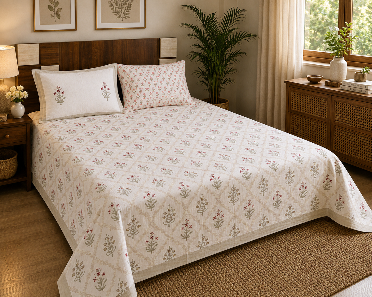 Paramphera Studio Olive Green & Orange Floral Cotton King Size Bedsheet with 2 Pillow Covers | 280 TC | 100 x 108 Inches