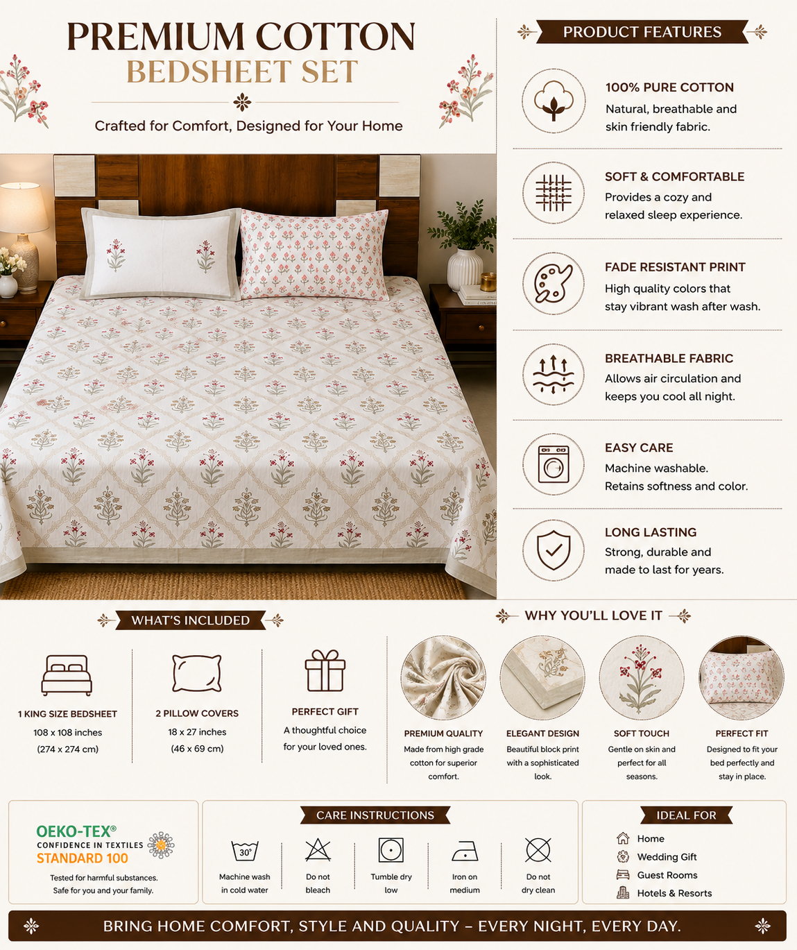 Paramphera Studio Olive Green & Orange Floral Cotton King Size Bedsheet with 2 Pillow Covers | 280 TC | 100 x 108 Inches
