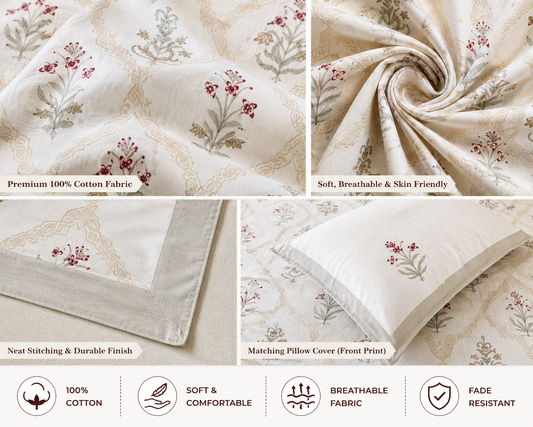 Paramphera Studio Olive Green & Orange Floral Cotton King Size Bedsheet with 2 Pillow Covers | 280 TC | 100 x 108 Inches
