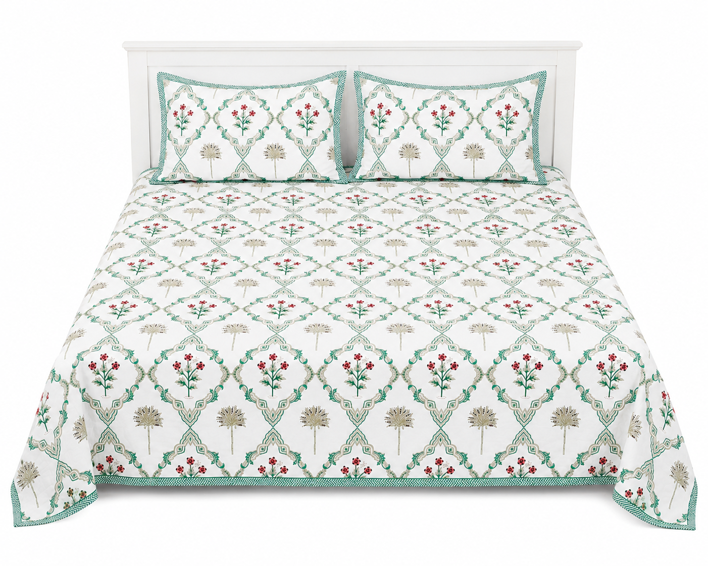 Paramphera Collection Premium 100% Cotton King Size Bedsheet with 2 Pillow Covers | White & Green Floral Jaipuri Print | Soft, Breathable & Skin-Friendly | 108 x 108 Inches