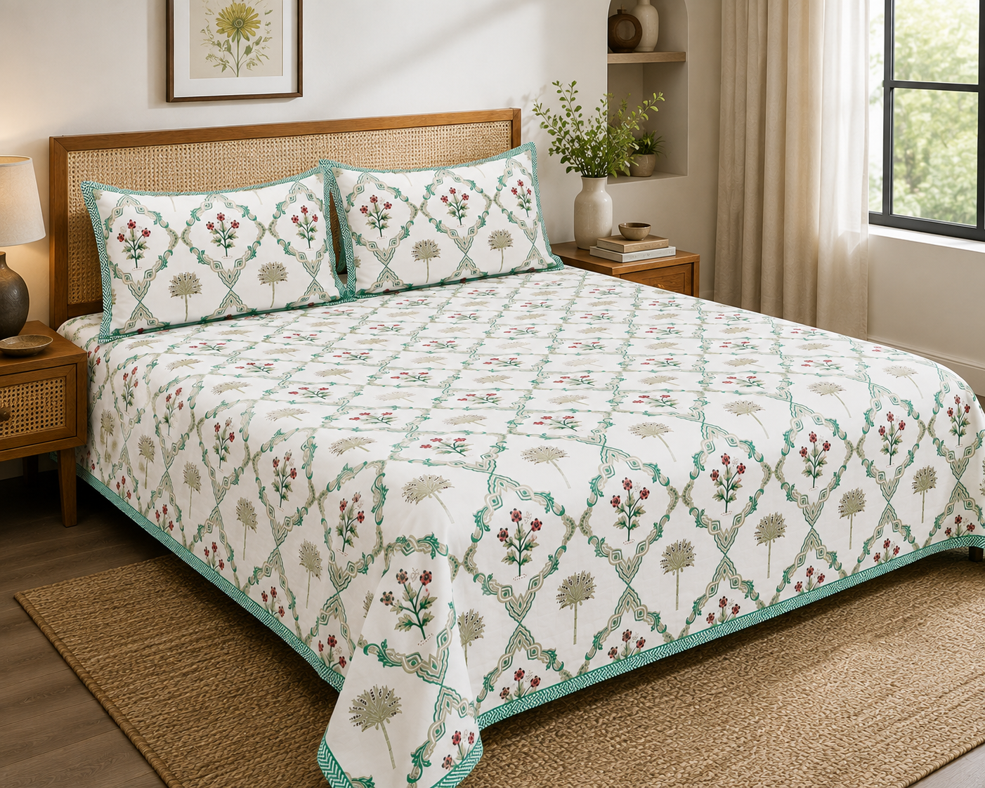 Paramphera Collection Premium 100% Cotton King Size Bedsheet with 2 Pillow Covers | White & Green Floral Jaipuri Print | Soft, Breathable & Skin-Friendly | 108 x 108 Inches