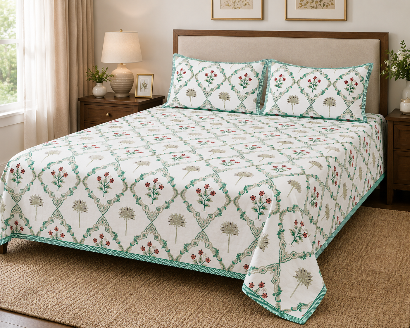 Paramphera Collection Premium 100% Cotton King Size Bedsheet with 2 Pillow Covers | White & Green Floral Jaipuri Print | Soft, Breathable & Skin-Friendly | 108 x 108 Inches