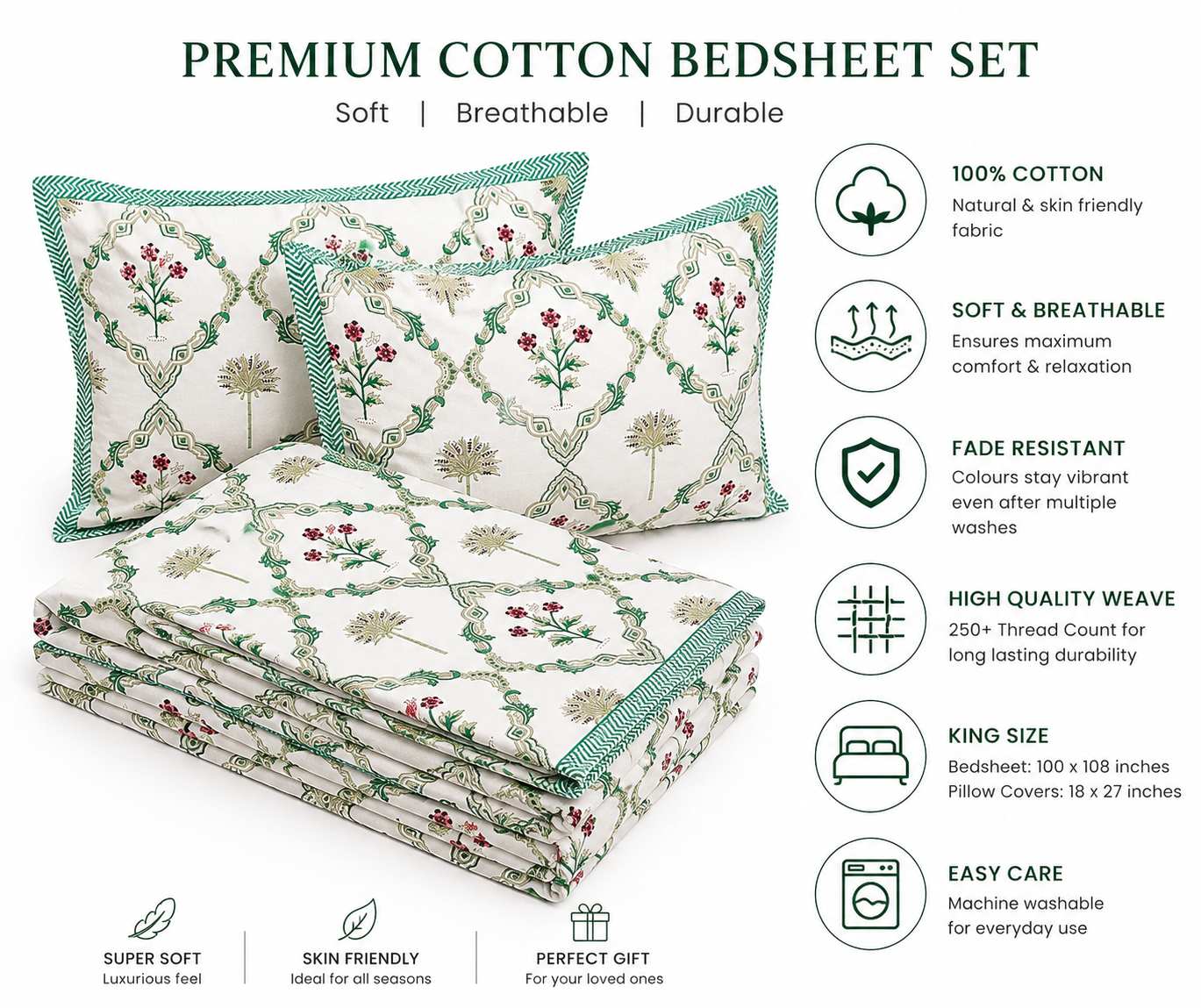 Paramphera Collection Premium 100% Cotton King Size Bedsheet with 2 Pillow Covers | White & Green Floral Jaipuri Print | Soft, Breathable & Skin-Friendly | 108 x 108 Inches