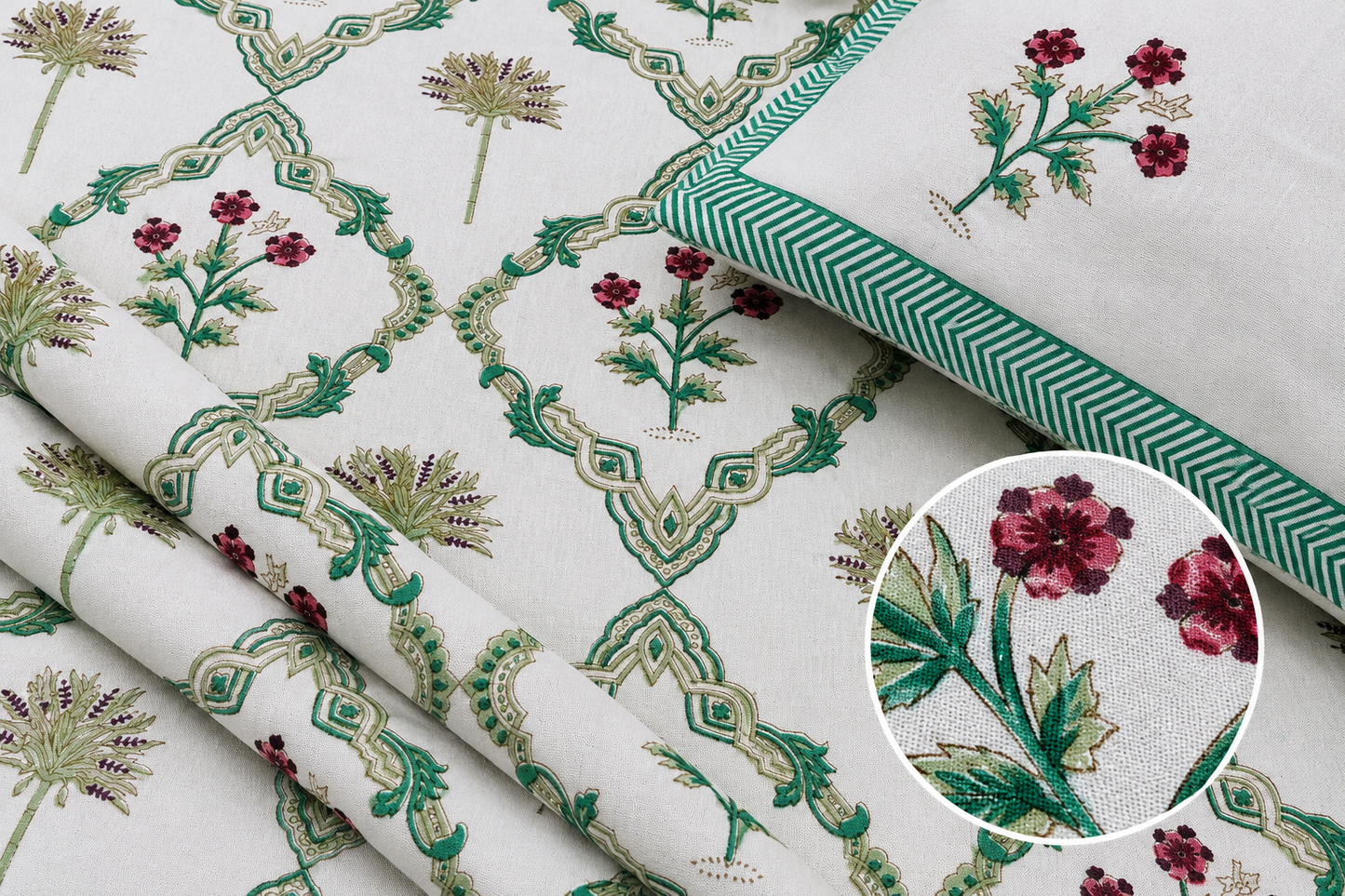 Paramphera Collection Premium 100% Cotton King Size Bedsheet with 2 Pillow Covers | White & Green Floral Jaipuri Print | Soft, Breathable & Skin-Friendly | 108 x 108 Inches