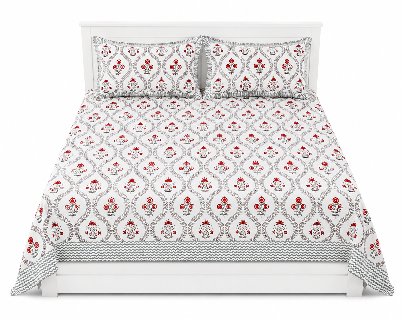Paramphera Collection Premium 100% Cotton King Size Bedsheet with 2 Pillow Covers | White, Grey & Red Floral Jaipuri Print | Soft, Breathable & Skin-Friendly | 108 x 108 Inches