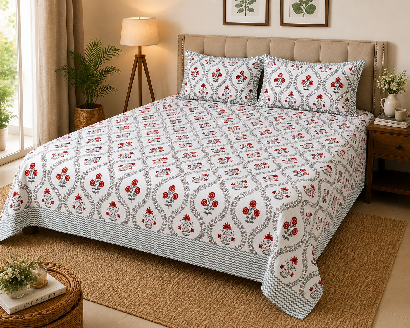 Paramphera Collection Premium 100% Cotton King Size Bedsheet with 2 Pillow Covers | White, Grey & Red Floral Jaipuri Print | Soft, Breathable & Skin-Friendly | 108 x 108 Inches