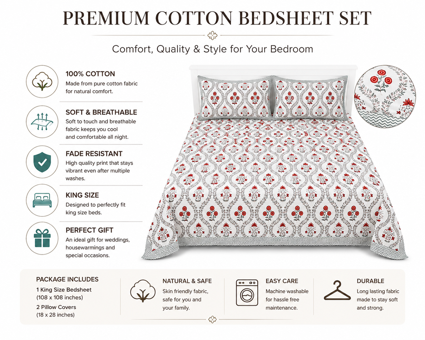 Paramphera Collection Premium 100% Cotton King Size Bedsheet with 2 Pillow Covers | White, Grey & Red Floral Jaipuri Print | Soft, Breathable & Skin-Friendly | 108 x 108 Inches