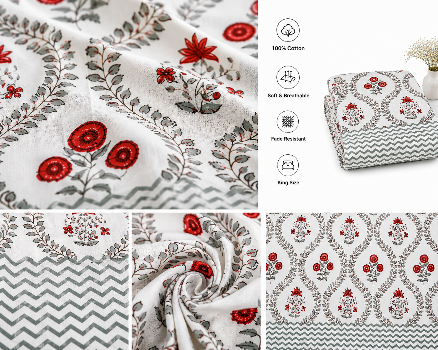 Paramphera Collection Premium 100% Cotton King Size Bedsheet with 2 Pillow Covers | White, Grey & Red Floral Jaipuri Print | Soft, Breathable & Skin-Friendly | 108 x 108 Inches