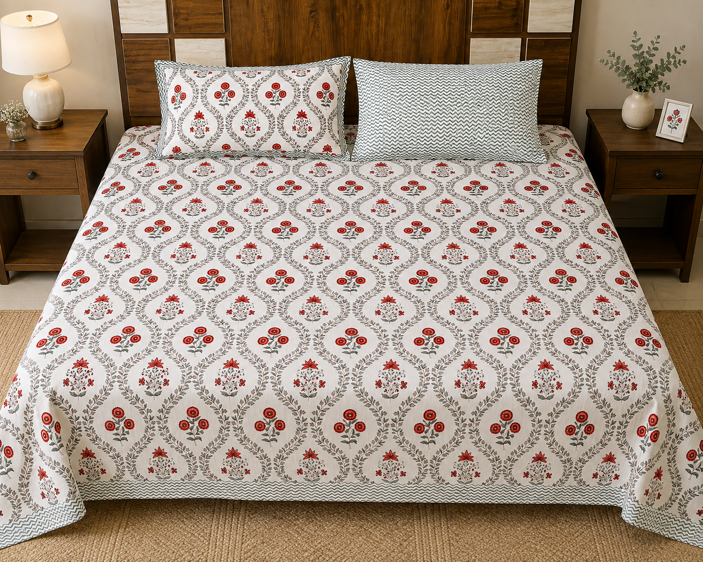Paramphera Collection Premium 100% Cotton King Size Bedsheet with 2 Pillow Covers | White, Grey & Red Floral Jaipuri Print | Soft, Breathable & Skin-Friendly | 108 x 108 Inches
