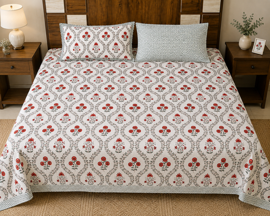 Paramphera Collection Premium 100% Cotton King Size Bedsheet with 2 Pillow Covers | White, Grey & Red Floral Jaipuri Print | Soft, Breathable & Skin-Friendly | 108 x 108 Inches