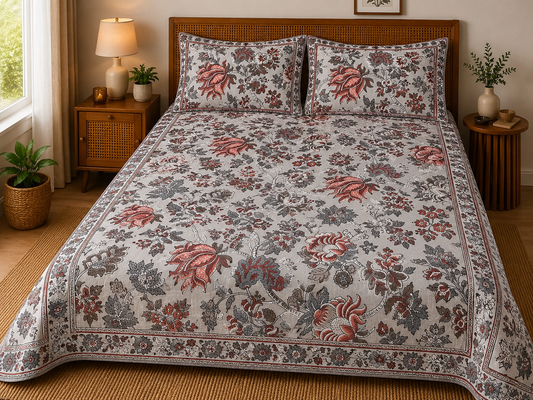 100% Cotton Printed Bedsheet | Elegant Floral & Traditional Print | King Size | 1 Bedsheet + 2 Pillow Covers