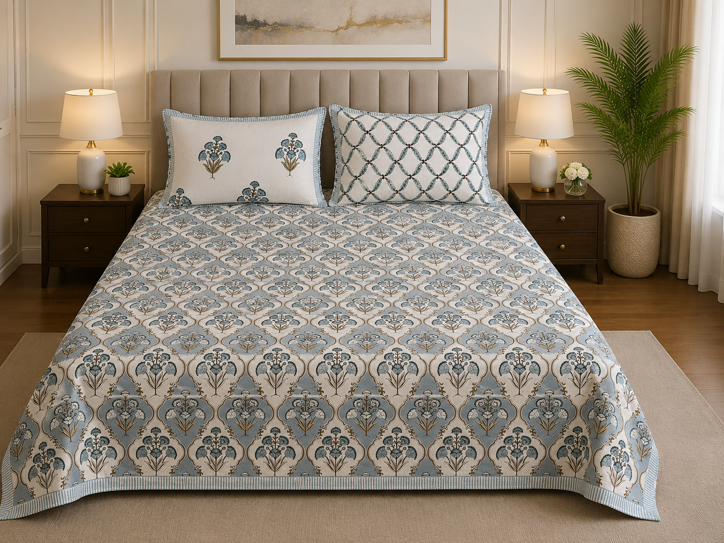 Paramphera Studio Blue Floral Cotton King Size Bedsheet with 2 Pillow Covers | 280 TC | 100 x 108 Inches
