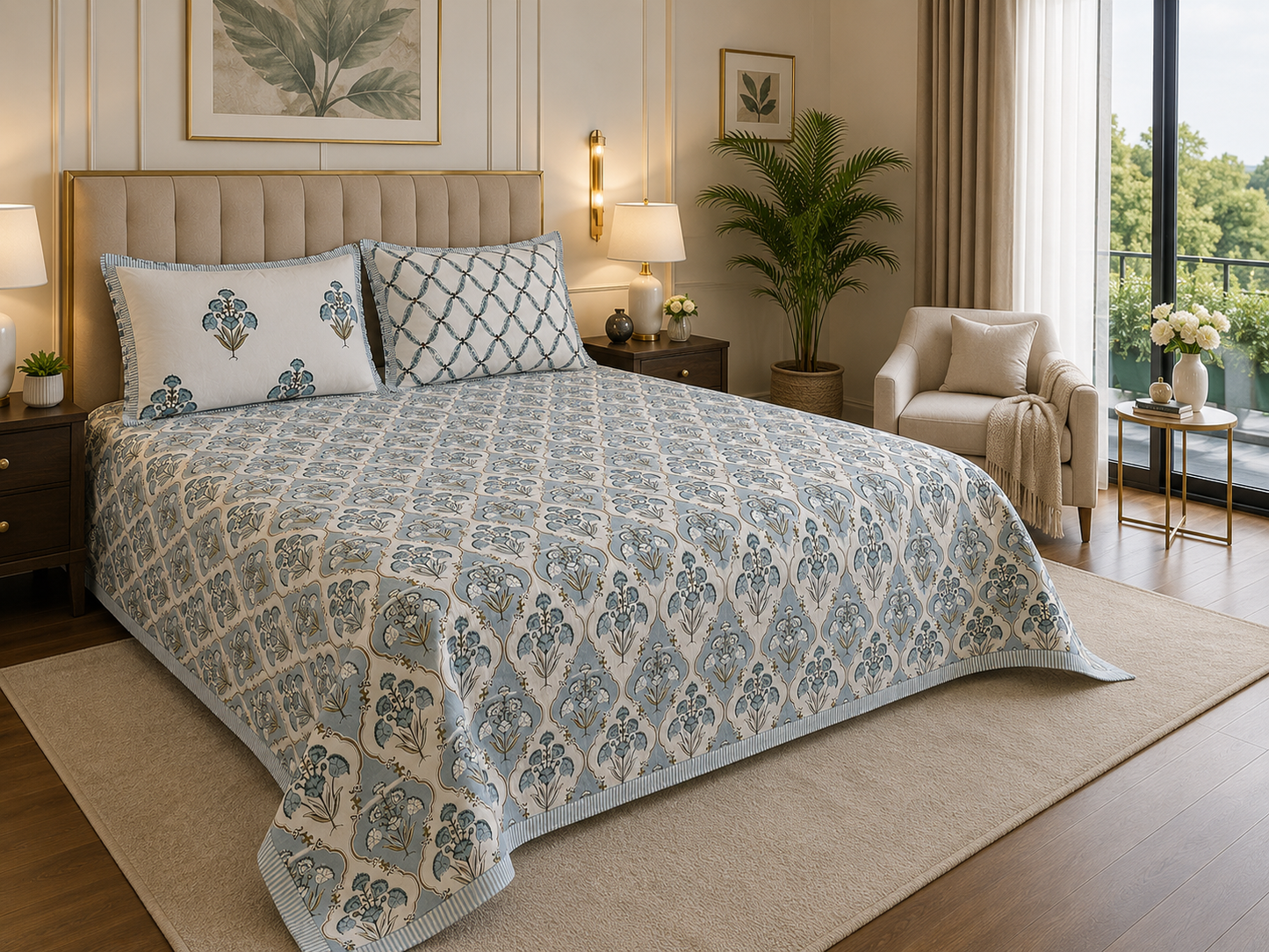 Paramphera Studio Blue Floral Cotton King Size Bedsheet with 2 Pillow Covers | 280 TC | 100 x 108 Inches