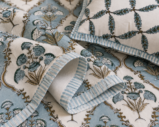 Paramphera Studio Blue Floral Cotton King Size Bedsheet with 2 Pillow Covers | 280 TC | 100 x 108 Inches