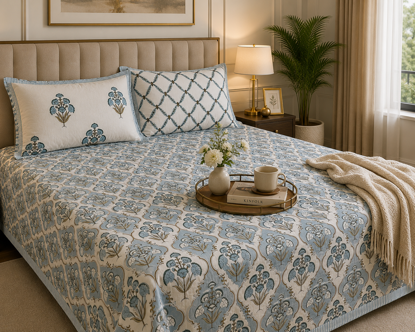 Paramphera Studio Blue Floral Cotton King Size Bedsheet with 2 Pillow Covers | 280 TC | 100 x 108 Inches