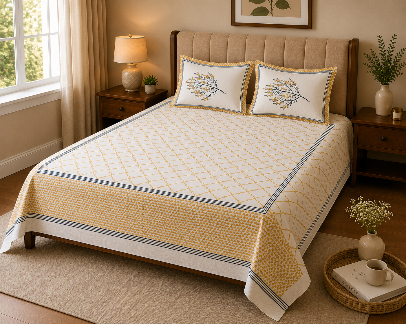 Paramphera Collection 280 TC Pure Cotton King Size Bedsheet with 2 Pillow Covers | Yellow Floral Printed Bedding | 103 x 108 Inches