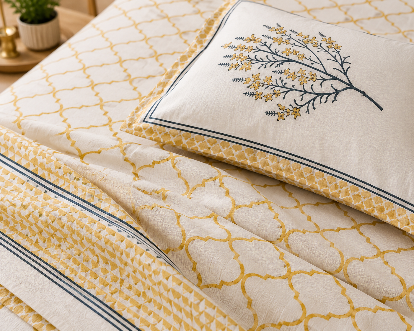 Paramphera Collection 280 TC Pure Cotton King Size Bedsheet with 2 Pillow Covers | Yellow Floral Printed Bedding | 103 x 108 Inches