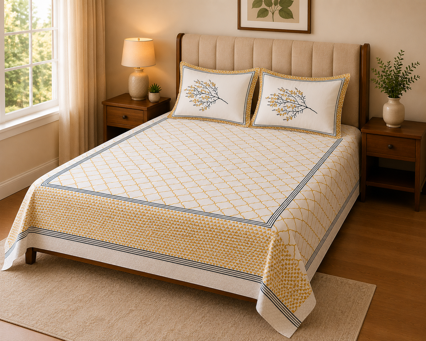 Paramphera Collection 280 TC Pure Cotton King Size Bedsheet with 2 Pillow Covers | Yellow Floral Printed Bedding | 103 x 108 Inches