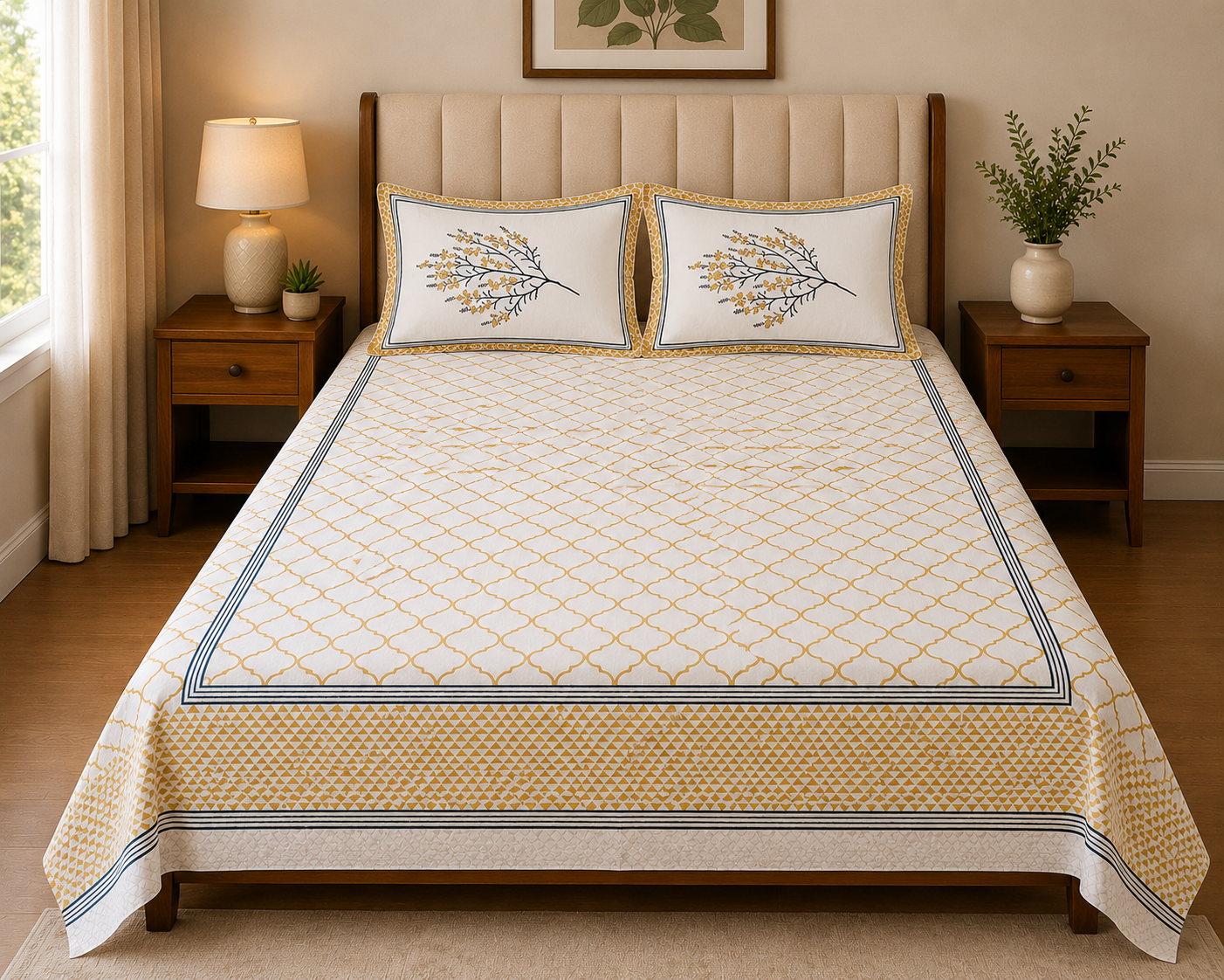 Paramphera Collection 280 TC Pure Cotton King Size Bedsheet with 2 Pillow Covers | Yellow Floral Printed Bedding | 103 x 108 Inches