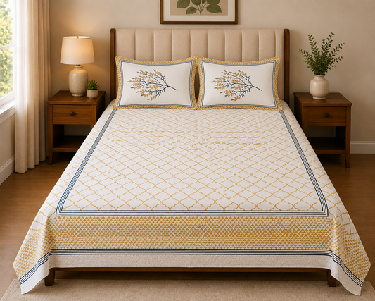 Paramphera Collection 280 TC Pure Cotton King Size Bedsheet with 2 Pillow Covers | Yellow Floral Printed Bedding | 103 x 108 Inches