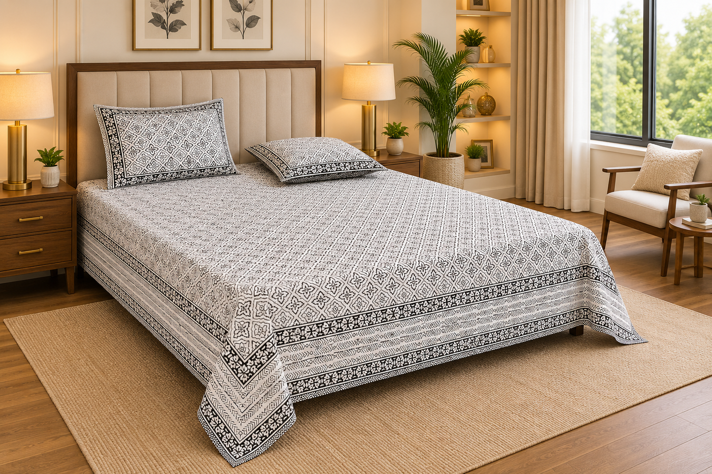 Paramphera Studio Black & White Geometric Cotton King Size Bedsheet with 2 Pillow Covers | 280 TC | 100 x 108 Inches