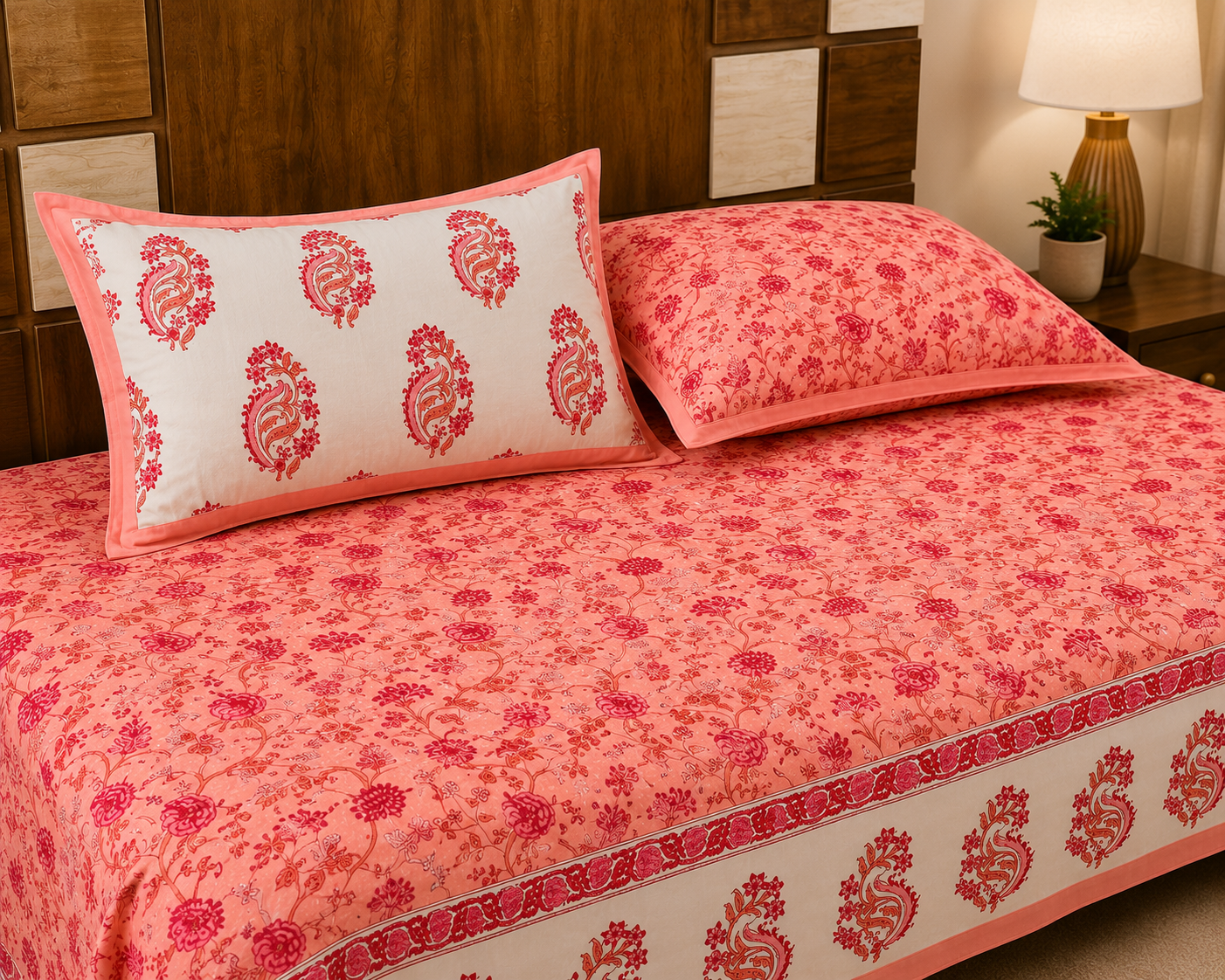 Paramphera Studio Pink Floral Paisley Cotton King Size Bedsheet with 2 Pillow Covers | 280 TC | 100 x 108 Inches