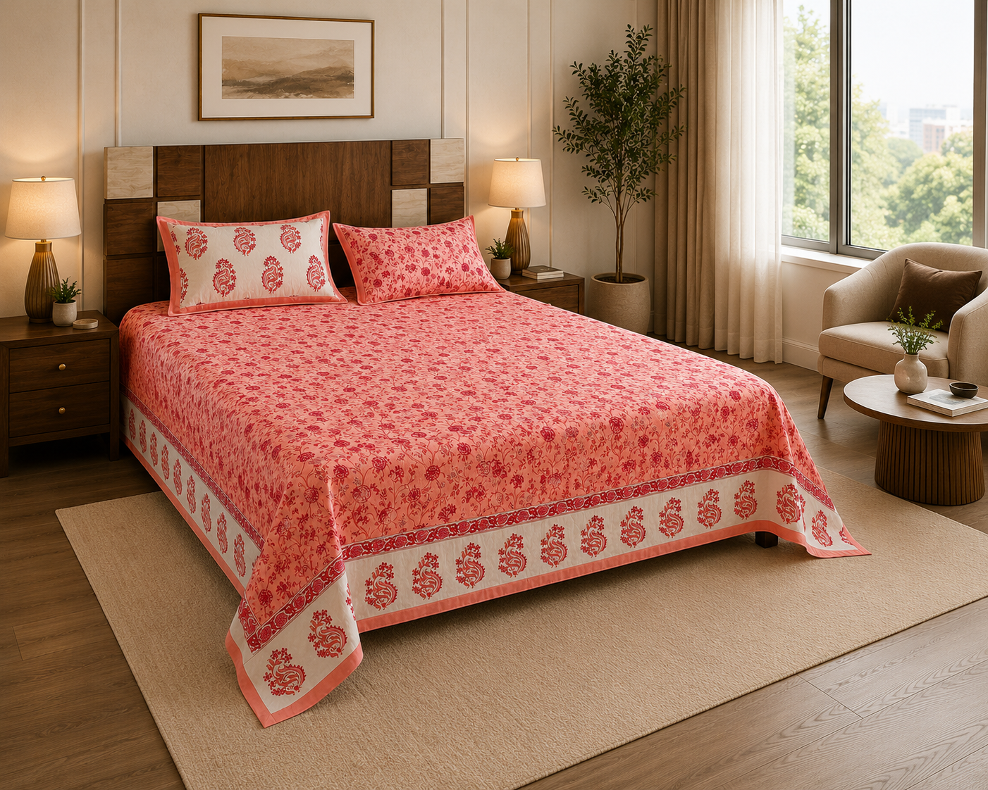 Paramphera Studio Pink Floral Paisley Cotton King Size Bedsheet with 2 Pillow Covers | 280 TC | 100 x 108 Inches