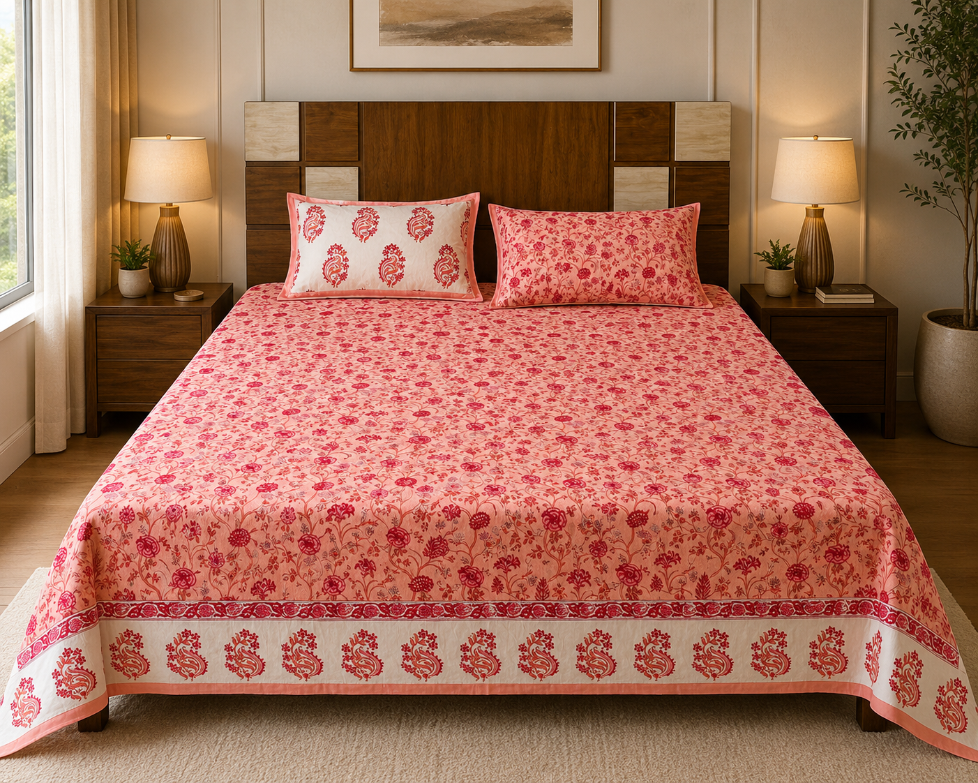 Paramphera Studio Pink Floral Paisley Cotton King Size Bedsheet with 2 Pillow Covers | 280 TC | 100 x 108 Inches