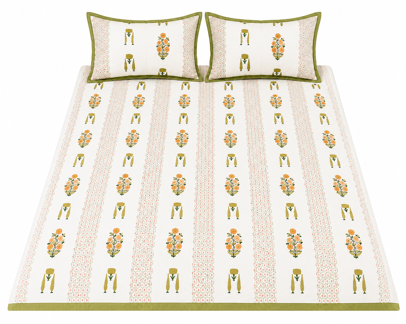 Paramphera Studio Olive Green & Orange Floral Cotton King Size Bedsheet with 2 Pillow Covers | 280 TC | 100 x 108 Inches