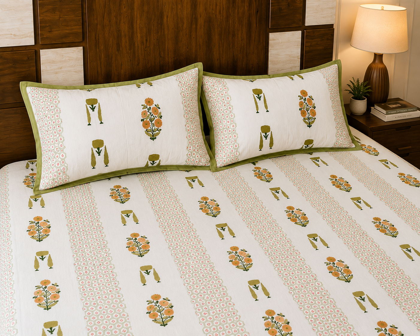 Paramphera Studio Olive Green & Orange Floral Cotton King Size Bedsheet with 2 Pillow Covers | 280 TC | 100 x 108 Inches
