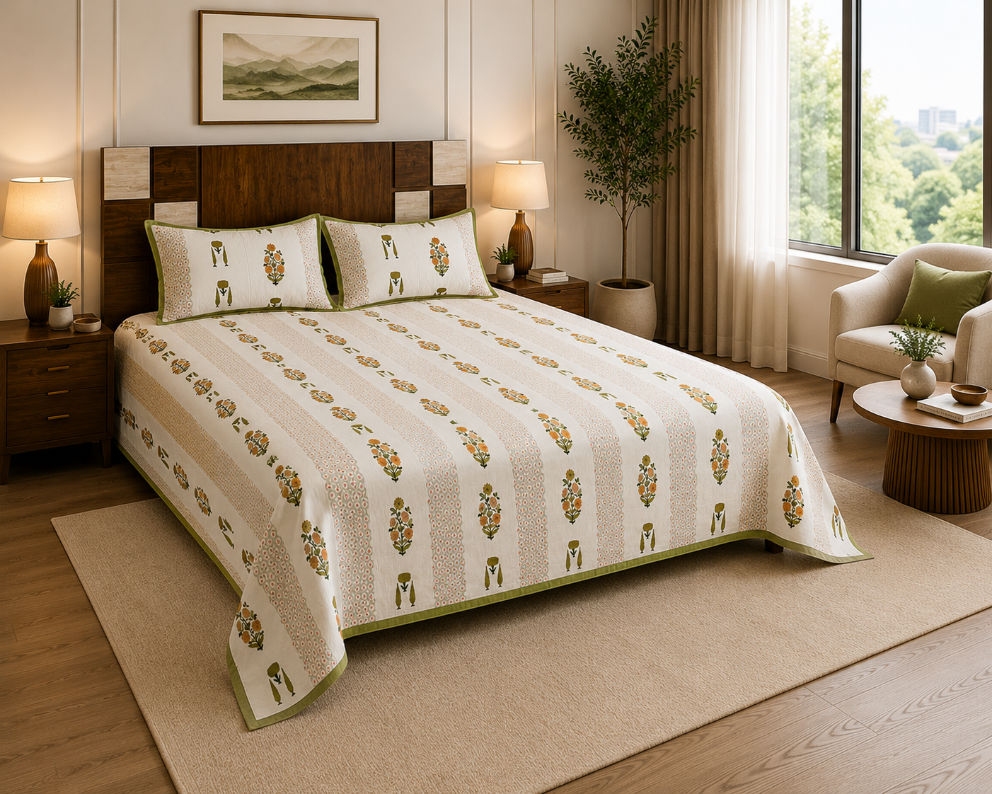 Paramphera Studio Olive Green & Orange Floral Cotton King Size Bedsheet with 2 Pillow Covers | 280 TC | 100 x 108 Inches