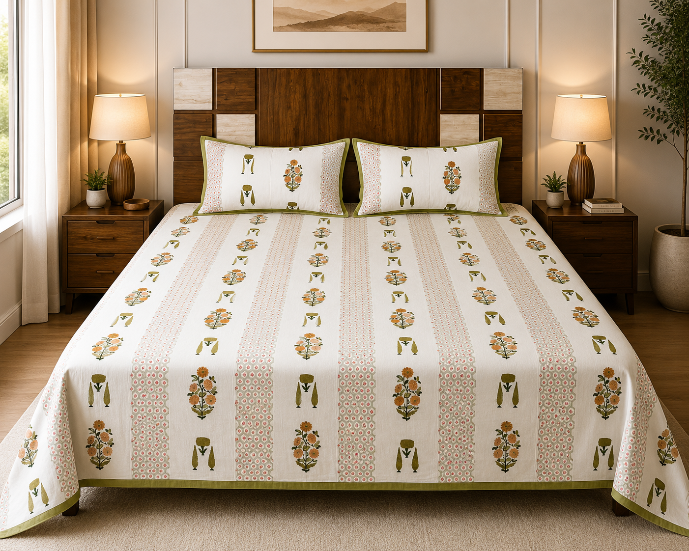 Paramphera Studio Olive Green & Orange Floral Cotton King Size Bedsheet with 2 Pillow Covers | 280 TC | 100 x 108 Inches