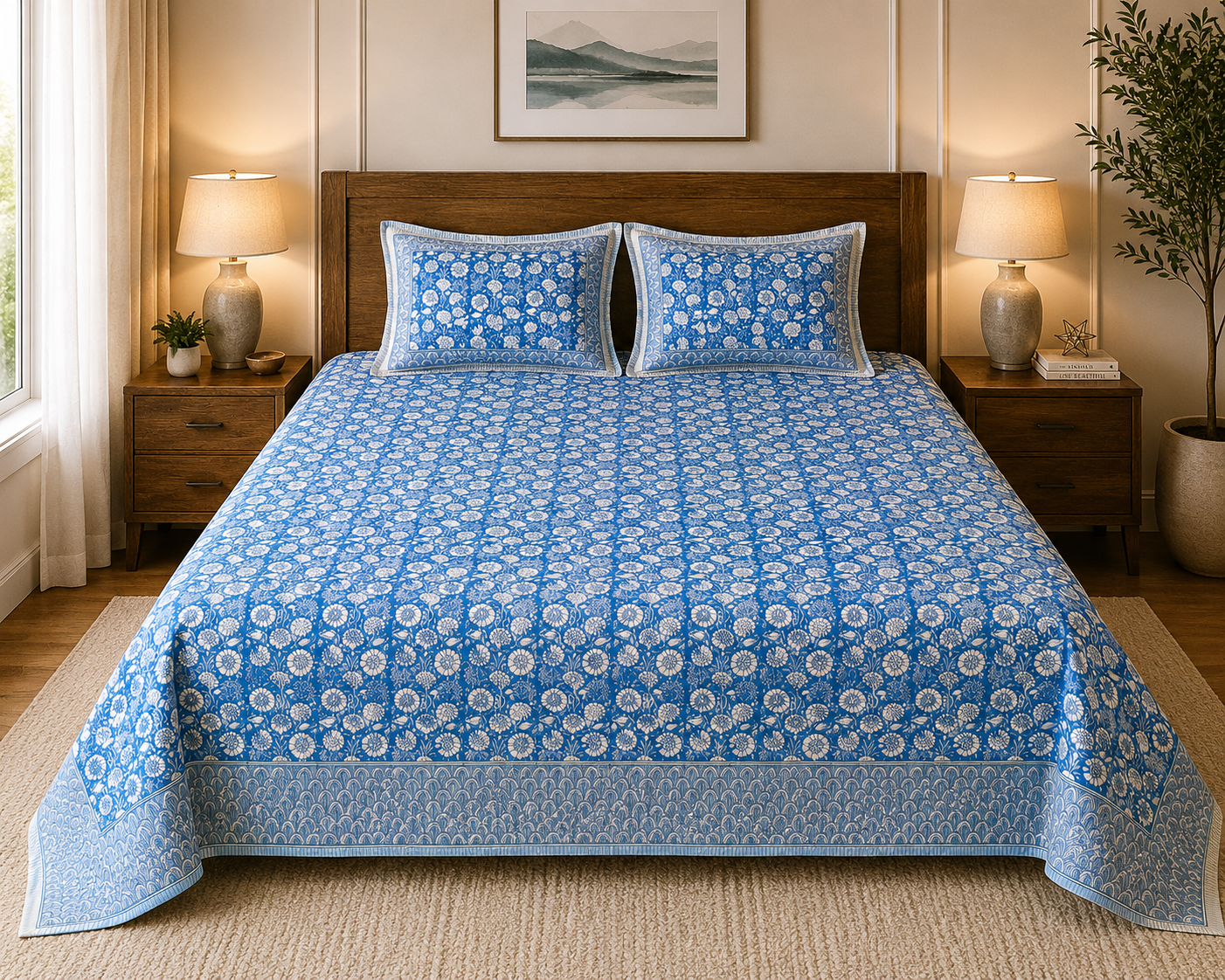 Paramphera Studio Blue Floral Cotton King Size Bedsheet with 2 Pillow Covers | 280 TC | 100 x 108 Inches