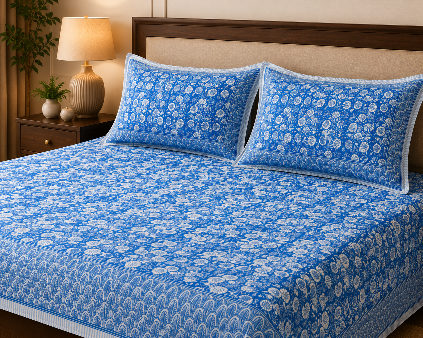Paramphera Studio Blue Floral Cotton King Size Bedsheet with 2 Pillow Covers | 280 TC | 100 x 108 Inches