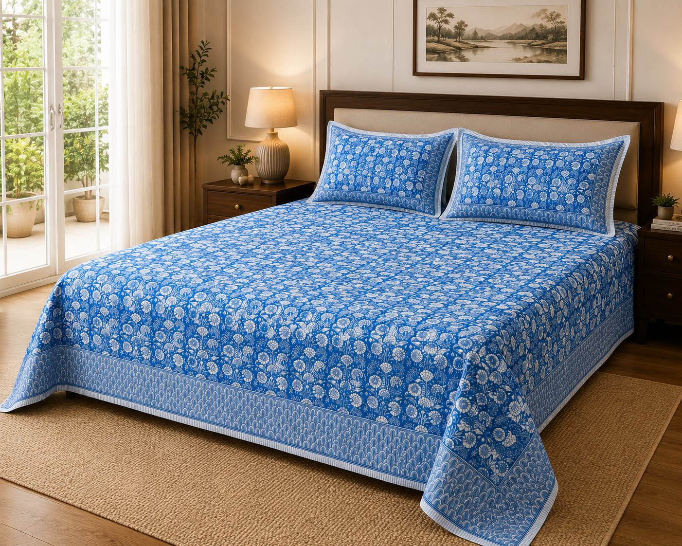 Paramphera Studio Blue Floral Cotton King Size Bedsheet with 2 Pillow Covers | 280 TC | 100 x 108 Inches
