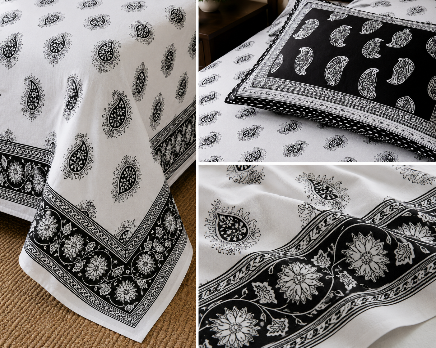 Paramphera Studio Black Paisley Cotton King Size Bedsheet with 2 Pillow Covers | 280 TC | 100 x 108 Inches