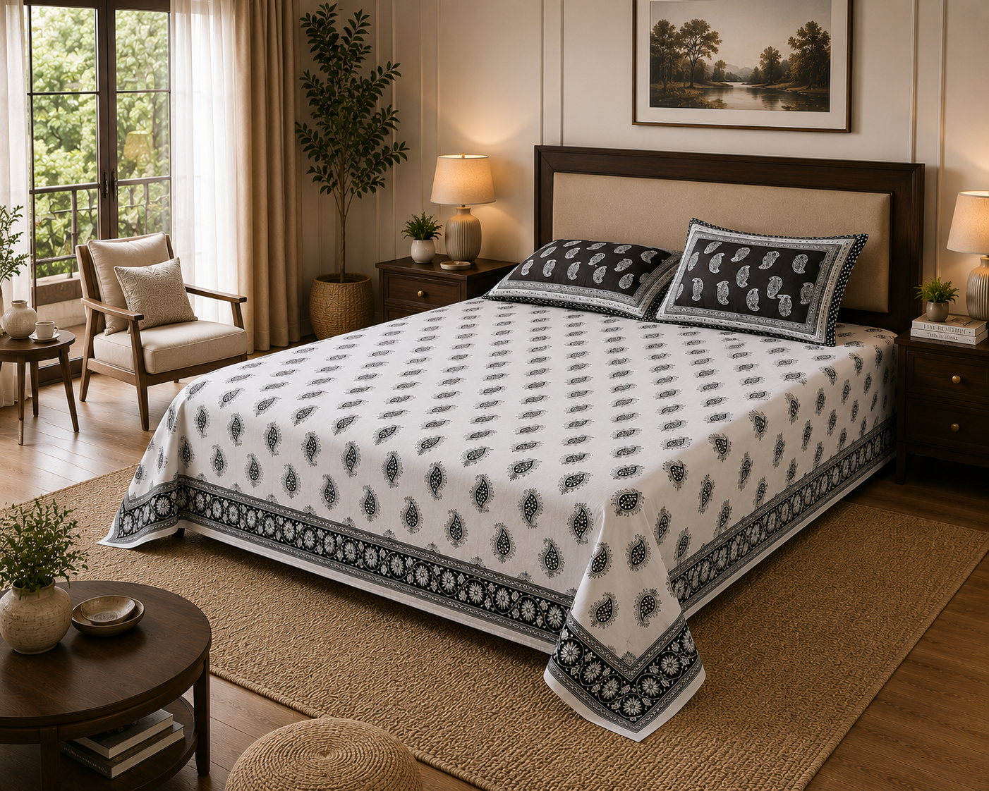 Paramphera Studio Black Paisley Cotton King Size Bedsheet with 2 Pillow Covers | 280 TC | 100 x 108 Inches