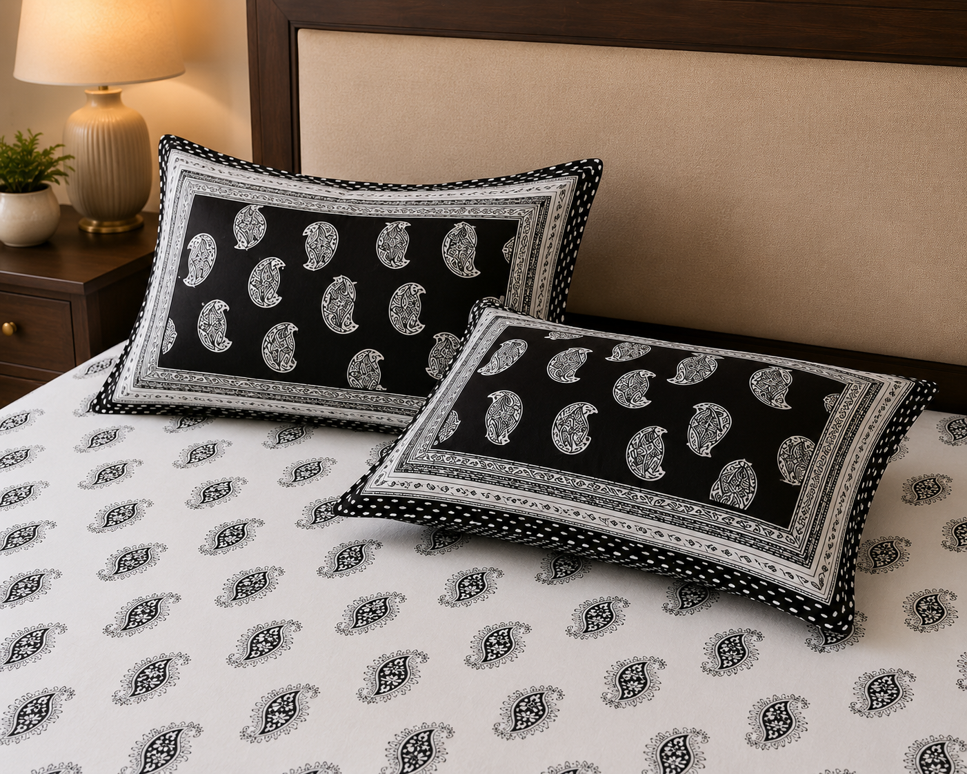 Paramphera Studio Black Paisley Cotton King Size Bedsheet with 2 Pillow Covers | 280 TC | 100 x 108 Inches