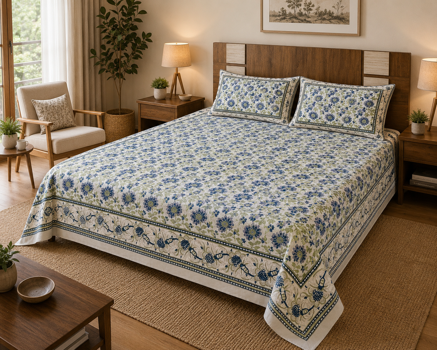 Paramphera Studio Blue Floral Cotton King Size Bedsheet with 2 Pillow Covers | 280 TC | 100 x 108 Inches