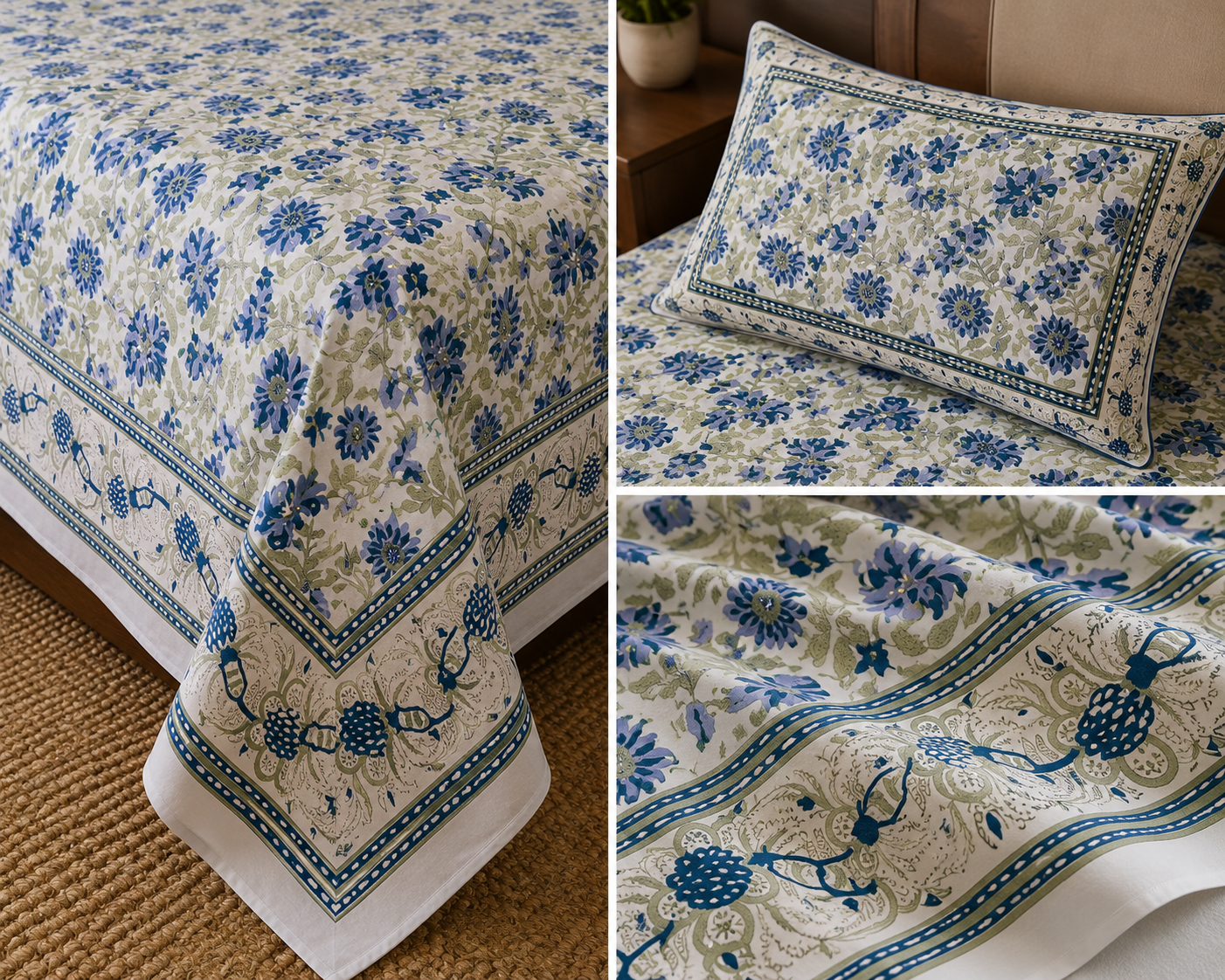 Paramphera Studio Blue Floral Cotton King Size Bedsheet with 2 Pillow Covers | 280 TC | 100 x 108 Inches