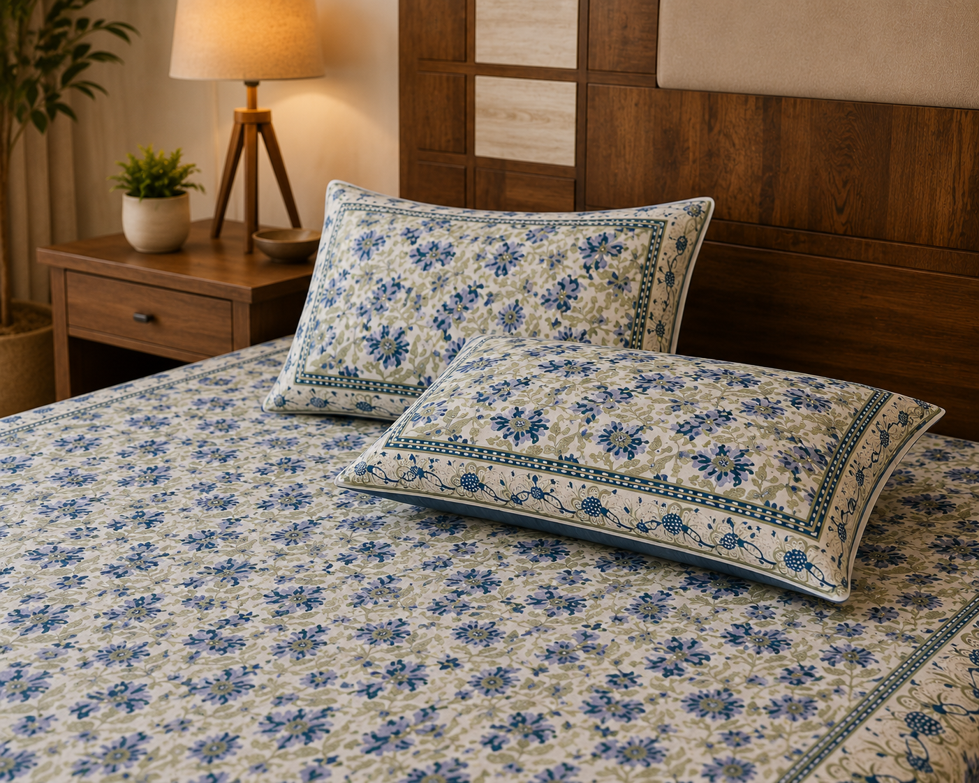 Paramphera Studio Blue Floral Cotton King Size Bedsheet with 2 Pillow Covers | 280 TC | 100 x 108 Inches