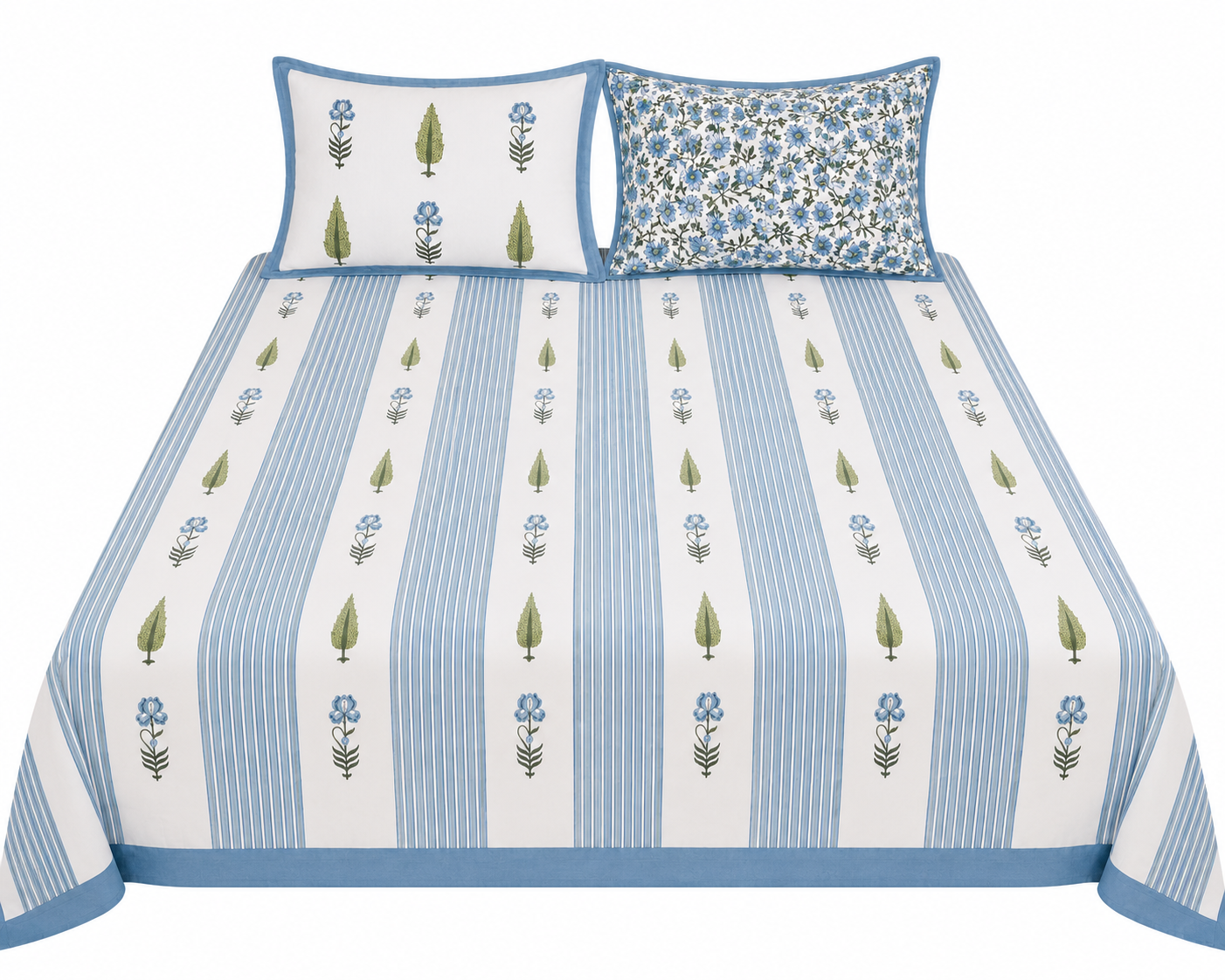 Paramphera Studio 280 TC Pure Cotton King Size Bedsheet with 2 Pillow Covers | Blue Striped Floral Cotton Bed Sheet | 108 x 108 Inches
