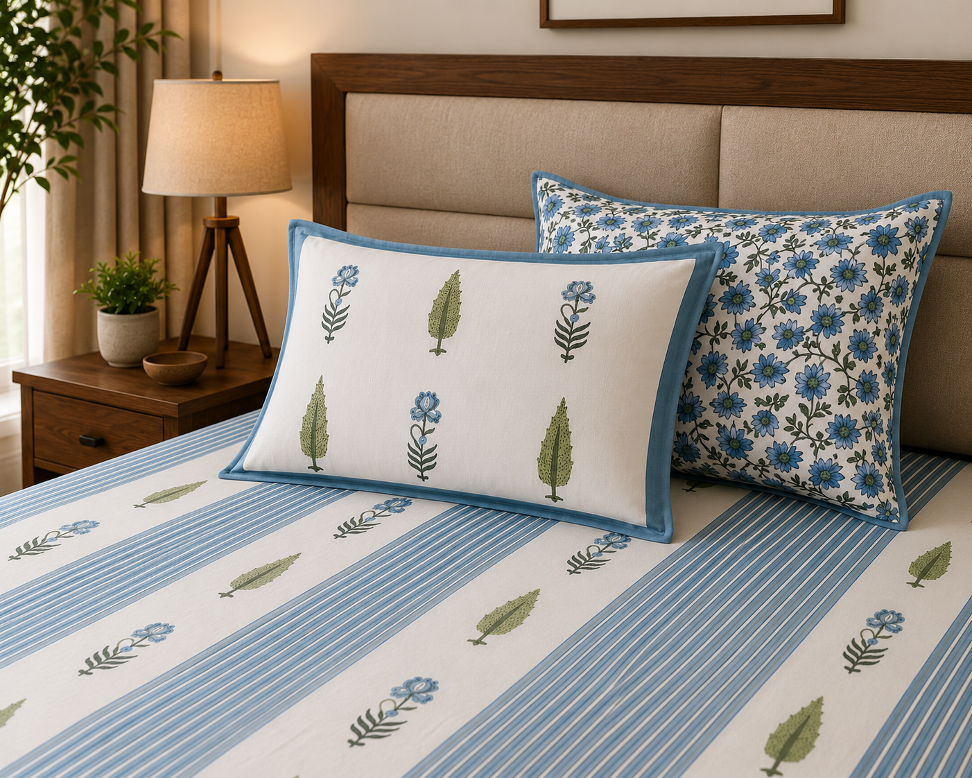 Paramphera Studio 280 TC Pure Cotton King Size Bedsheet with 2 Pillow Covers | Blue Striped Floral Cotton Bed Sheet | 108 x 108 Inches